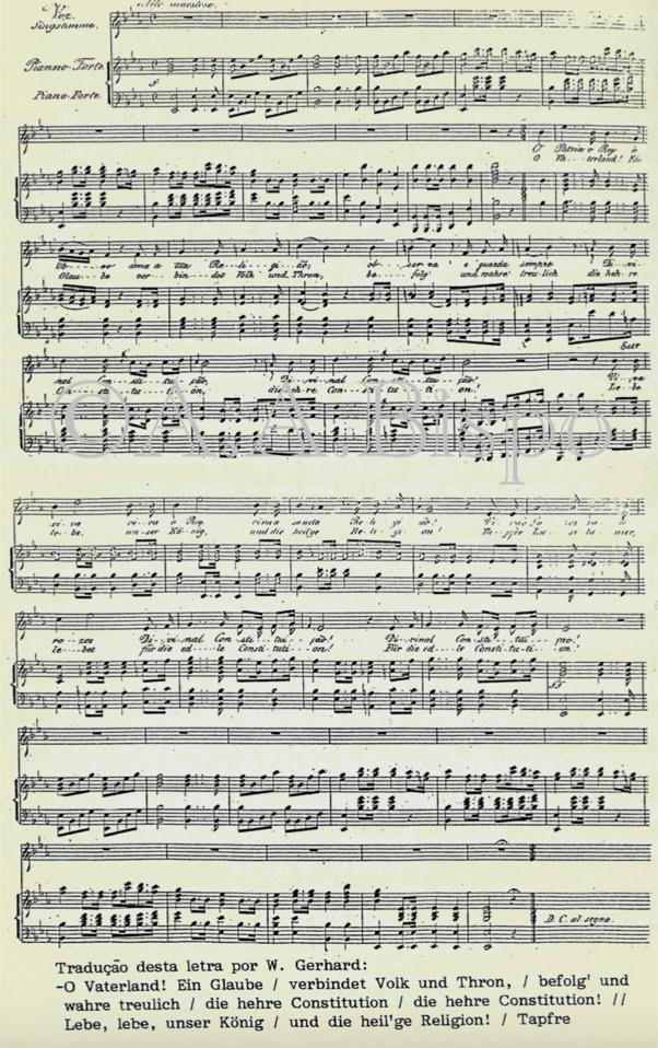 Hino Constitucionl de D. Pedro I em versão alemã de W. Gerhard, significativa personalidade da vida intelectual alemã do século XIX. Pesquisas de A.A.Bispo.